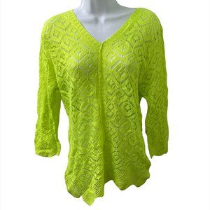 Crochet Knit Top Blouse Lime Green 3/4 Sleeve Woman's S/Medium Over Shirt New